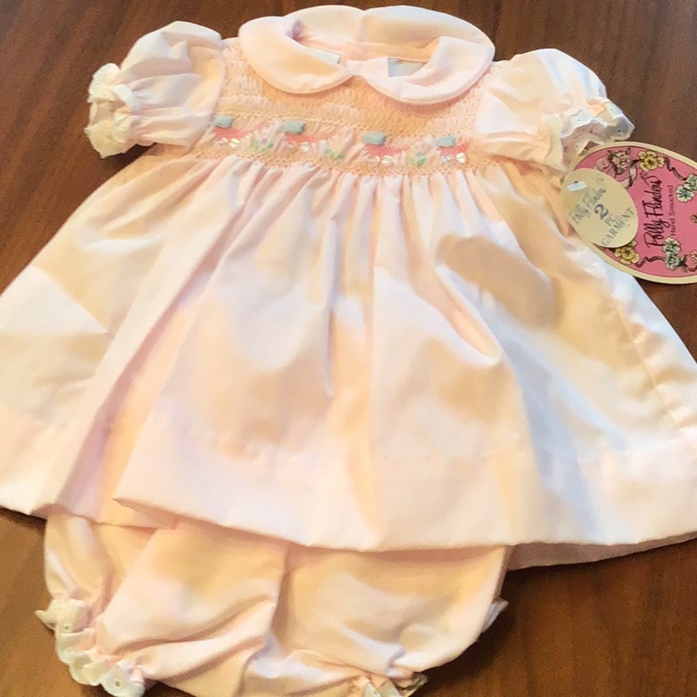 Polly Flanders hand smocked 2-piece set pink 6-12 months, new with tags